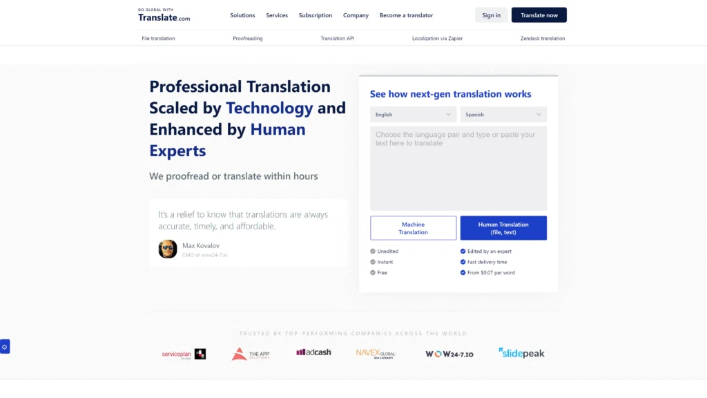 Screenshot of Translate.com representing one of the best Free Online Translator